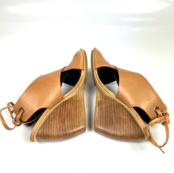 REBECCA MINKOFF Size 6 Eden Leather Criss Cross Curved Wedge Peep Toe Tan - Picture 6 of 10